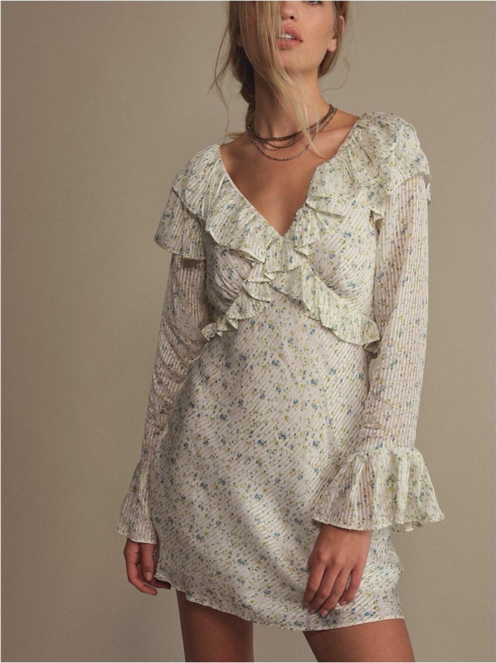 Free People Cream Floral Ruffle V-Neck Mini Dress